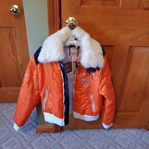 Pepe Jeans Jacket Women's L Orange Bomber Puffer Denim Collar 1973 Patch Logo